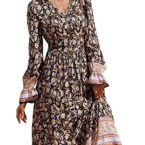 Prettygarden women's bohemian floral print v-neck long-sleeve maxi dress